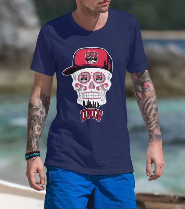 Unlv Rebels Skull With Cap Design Featuring Mascot Logo And Skyline T-Shirt
