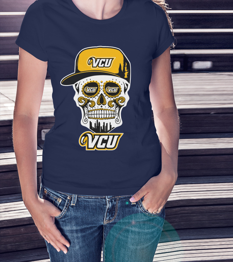 Vcu Rams Dia De Los Muertos Skull With Iconic Cap And Skyline T-Shirt