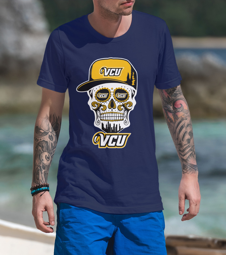 Vcu Rams Dia De Los Muertos Skull With Iconic Cap And Skyline T-Shirt