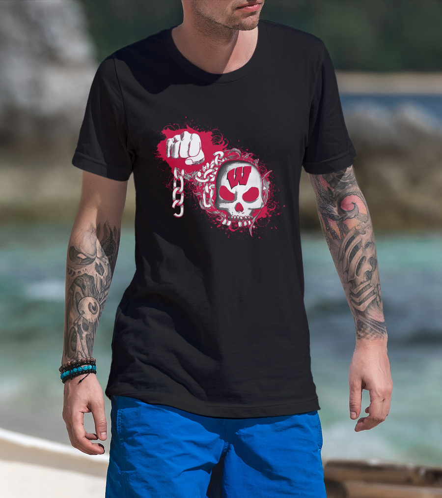 W Skull And Fist With Chain Red And White T-Shirt