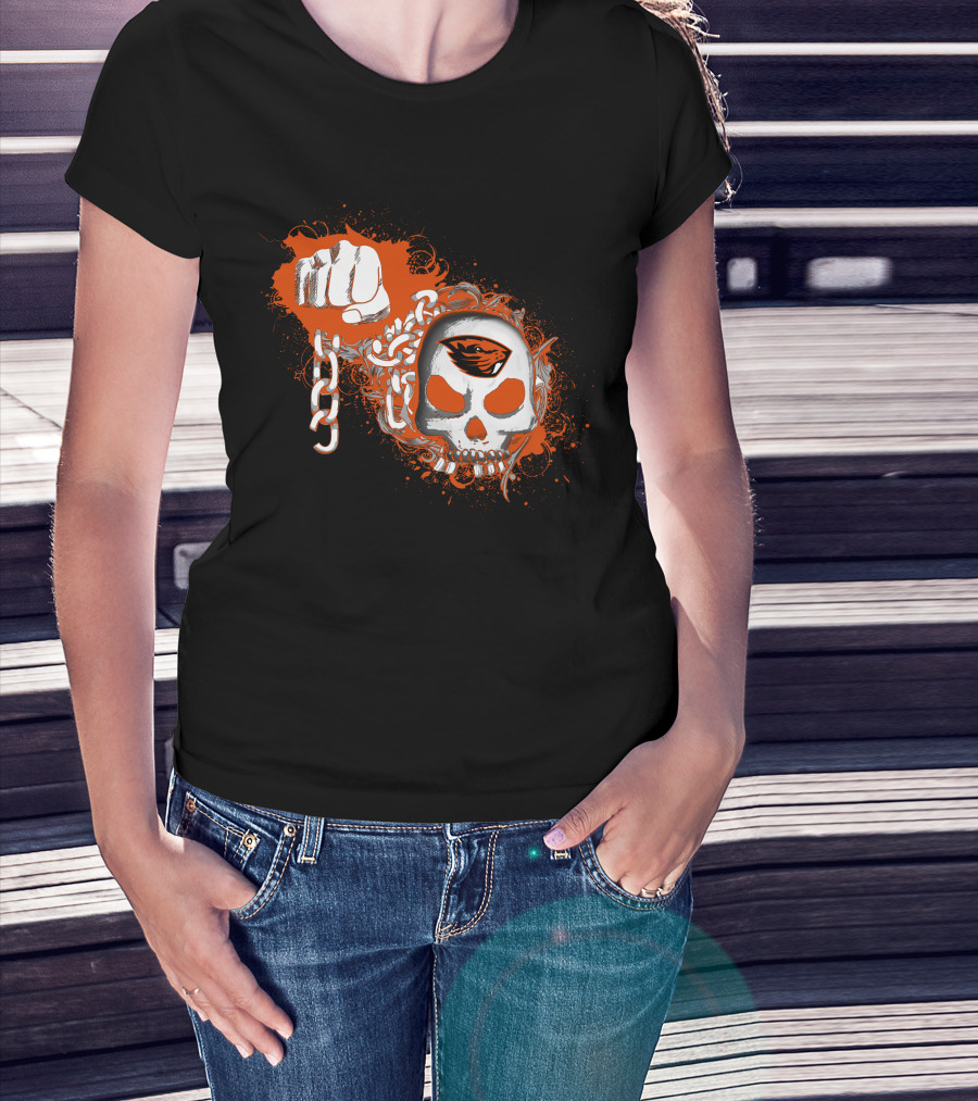 Oregon State Beavers Skull With Orange Logos Fist And Chains T-Shirt