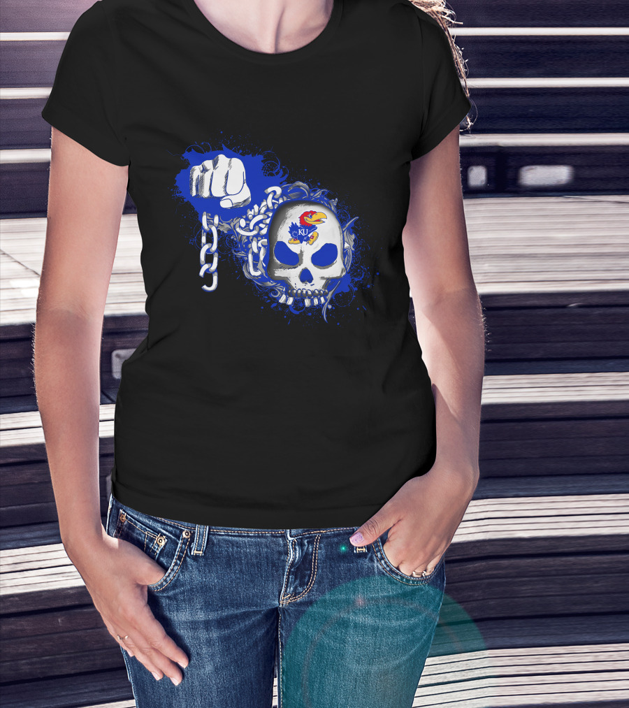 Kansas Jayhawks Skull With Chains And Bold Fist T-Shirt