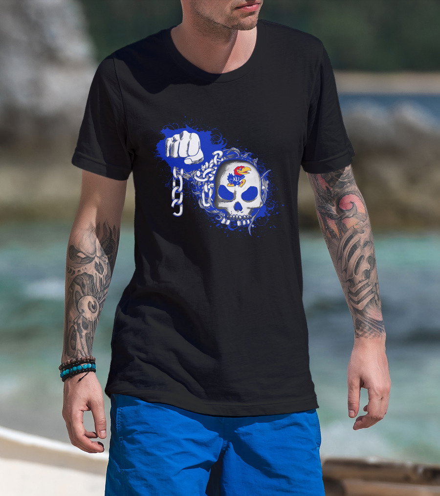 Kansas Jayhawks Skull With Chains And Bold Fist T-Shirt