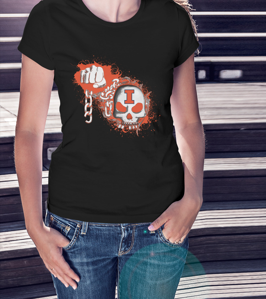 Illinois Fighting Illini Skull And Fist Design With Orange I T-Shirt