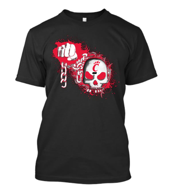 Cincinnati Bearcats Red Fist And Skull With Chains And Paw Print T-Shirt