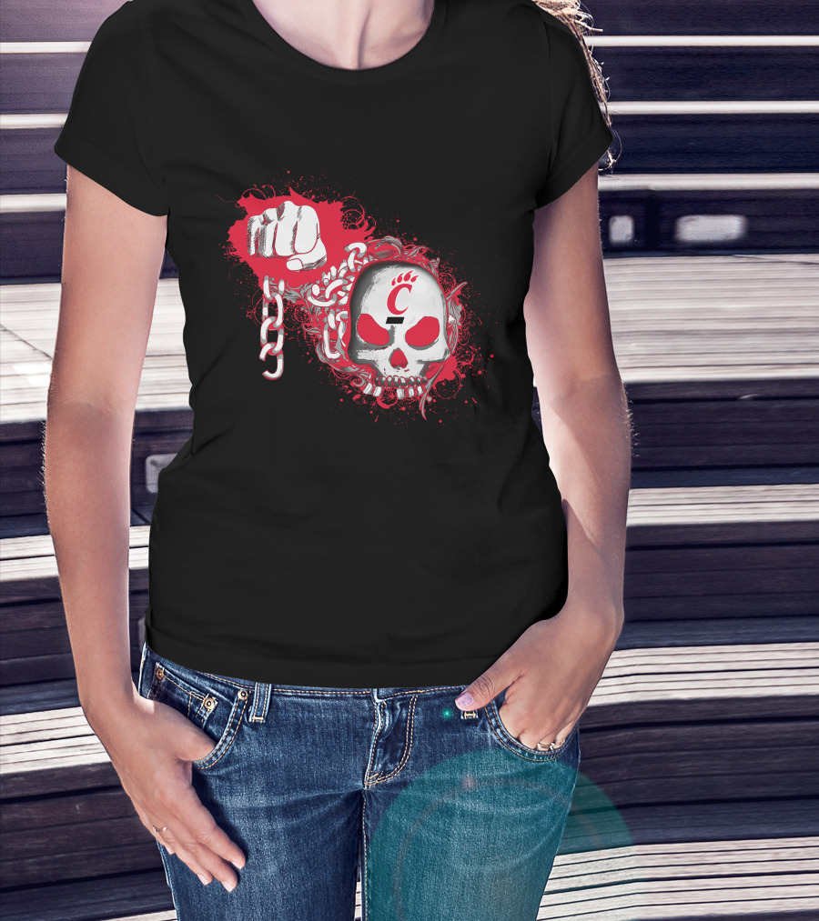 Cincinnati Bearcats Red Fist And Skull With Chains And Paw Print T-Shirt