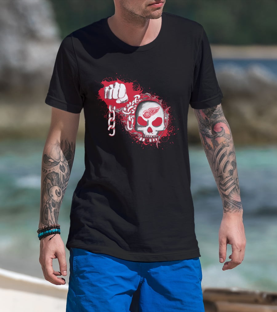 Detroit Red Wings Skull And Fist With Chains T-Shirt
