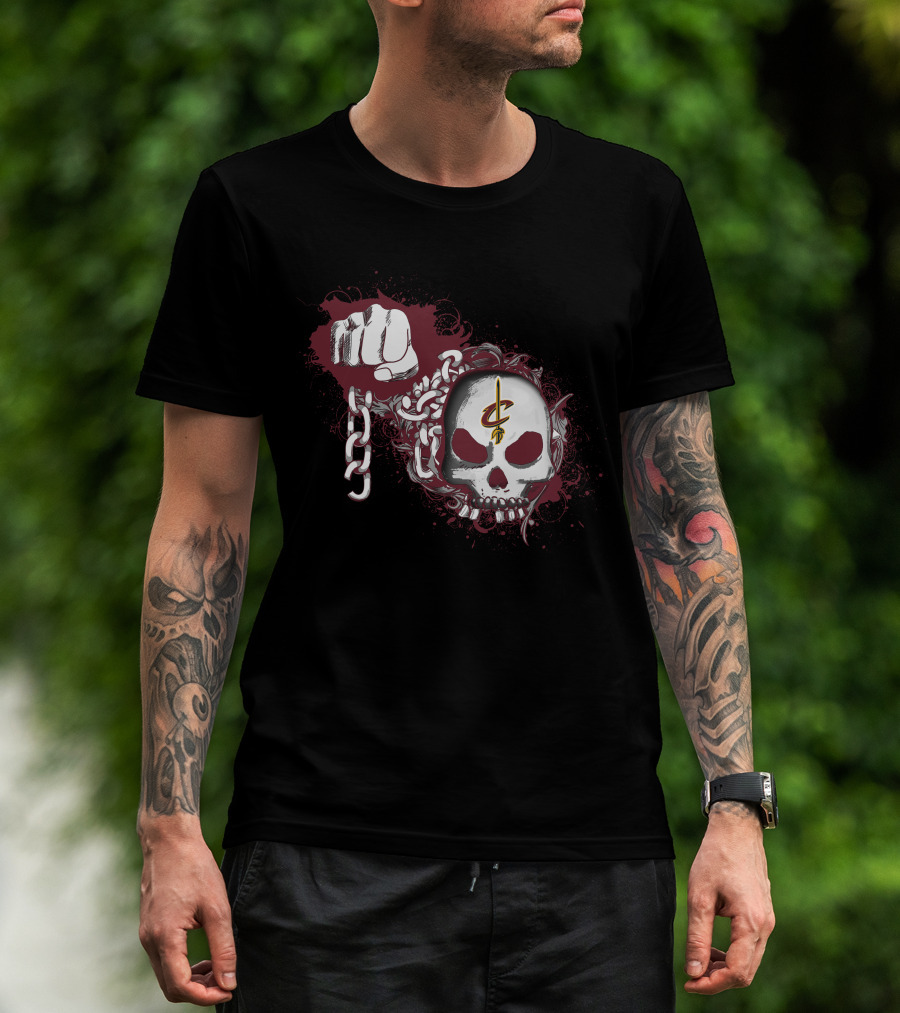 Cleveland Cavaliers Skull With Chains And Fist On Dark T-Shirt