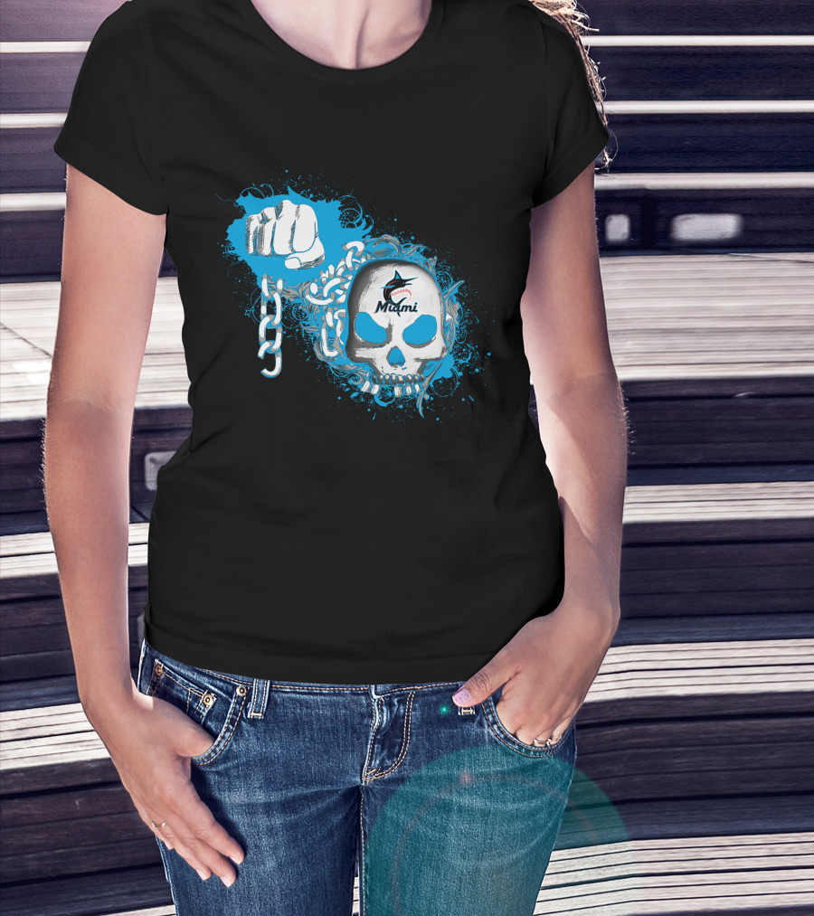 Miami Marlins Skull And Fist With Chain T-Shirt