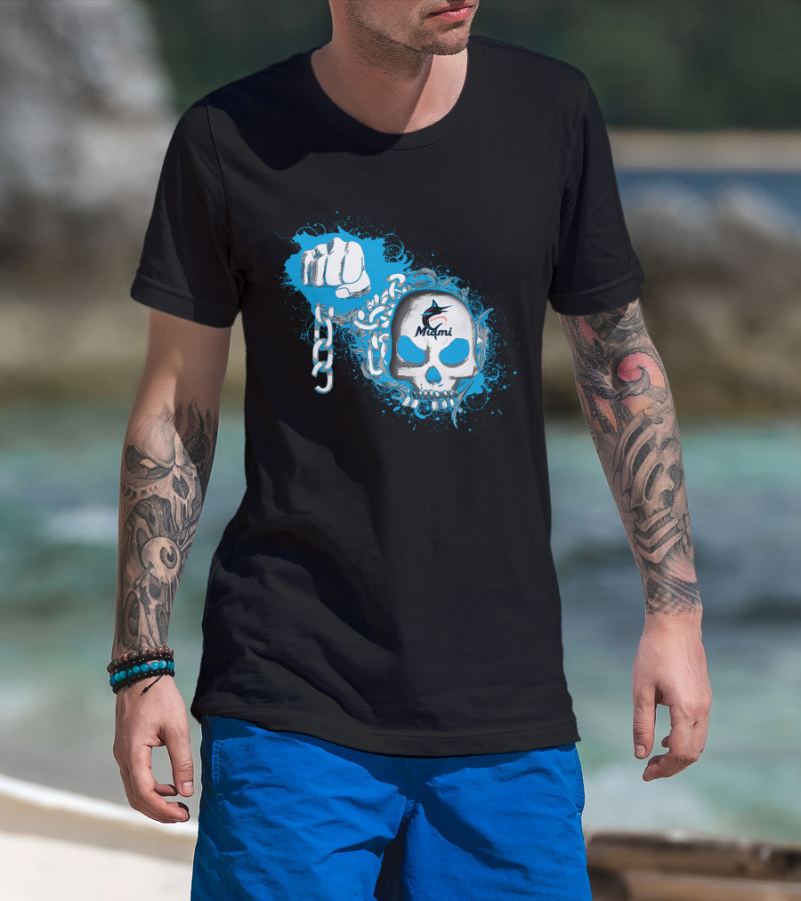 Miami Marlins Skull And Fist With Chain T-Shirt