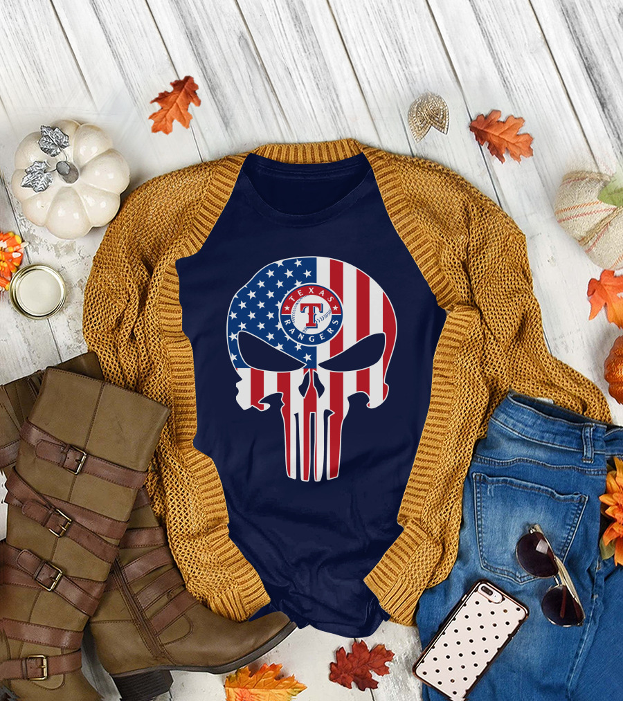Texas Rangers Punisher Skull American Flag T-Shirt
