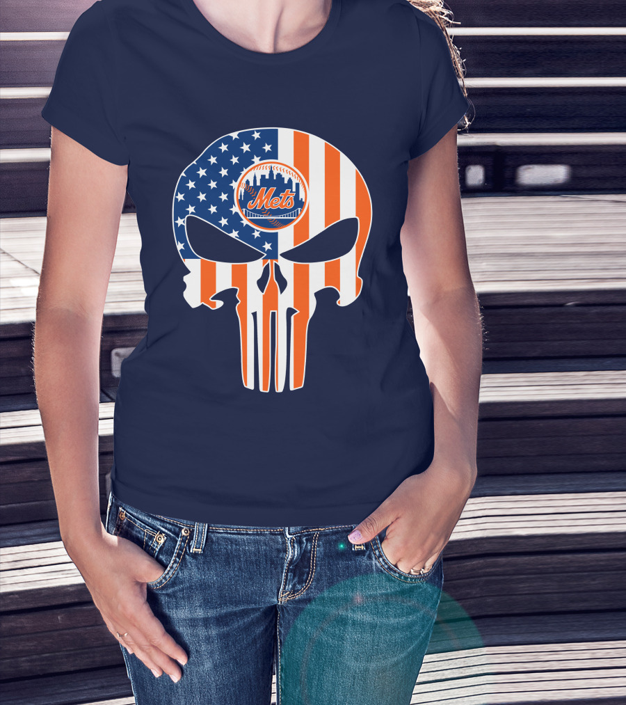 New York Mets Punisher Skull American Flag T-Shirt