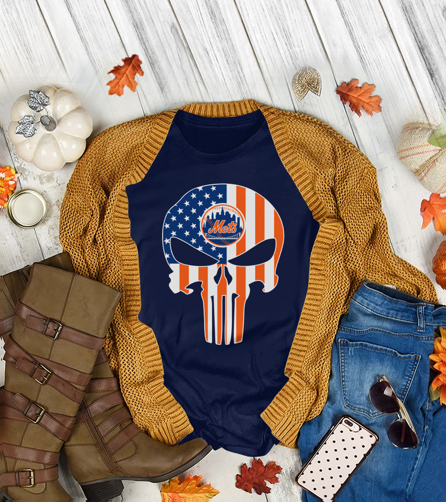 New York Mets Punisher Skull American Flag T-Shirt