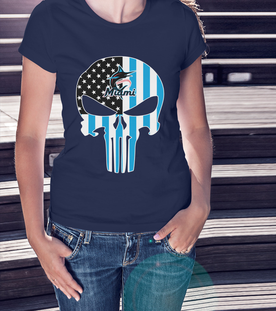 Miami Marlins Punisher Skull American Flag Fusion T-Shirt
