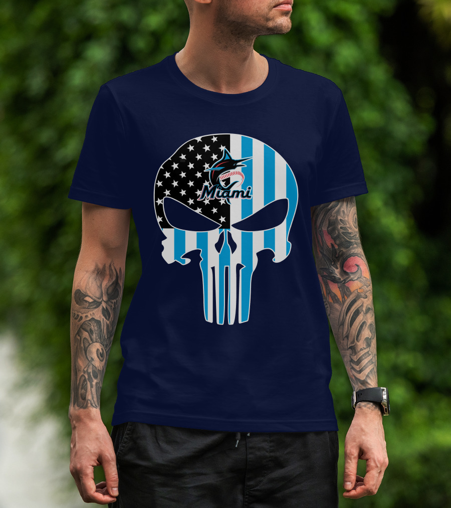 Miami Marlins Punisher Skull American Flag Fusion T-Shirt