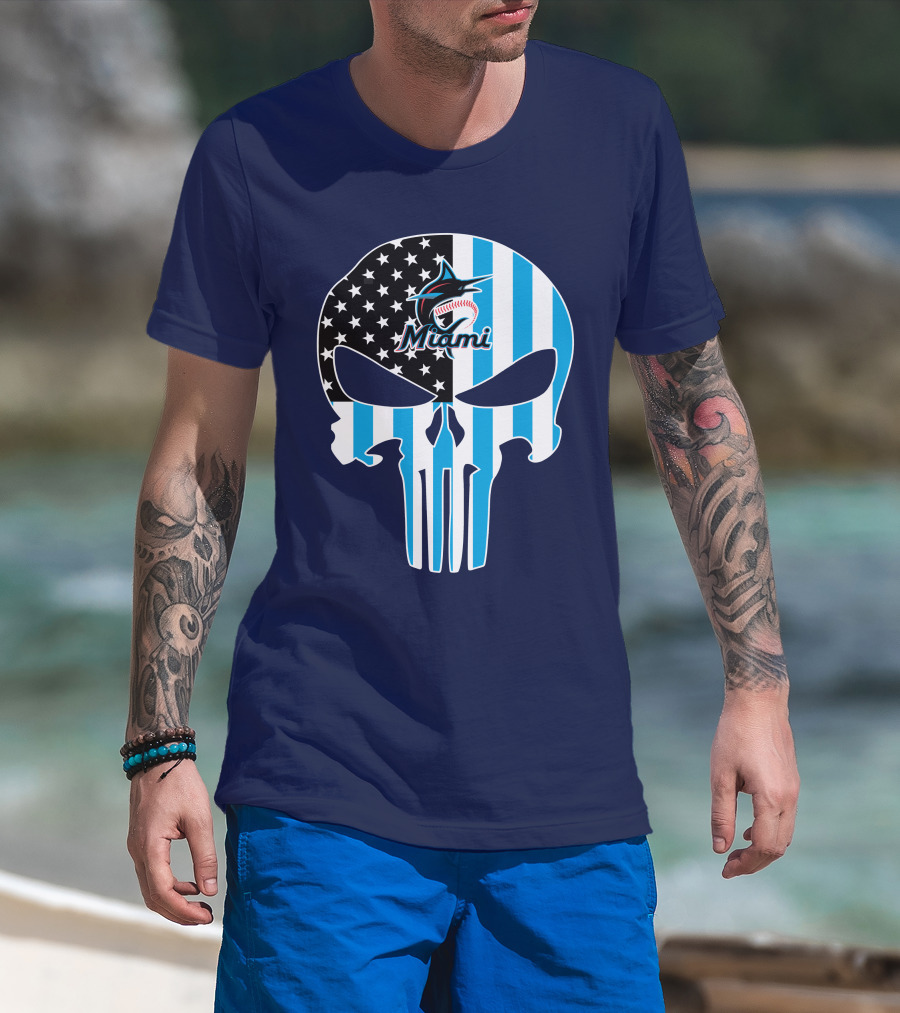 Miami Marlins Punisher Skull American Flag Fusion T-Shirt