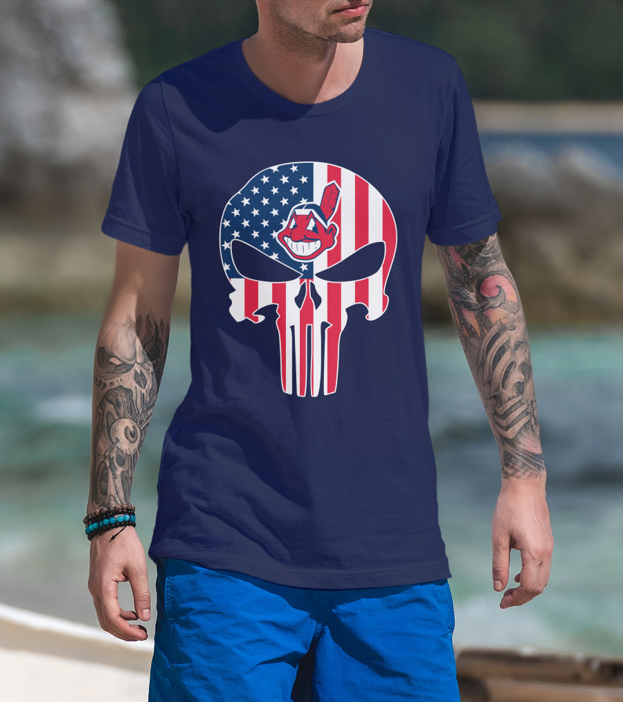Indians The Punisher Skull American Flag Red White Blue T-Shirt