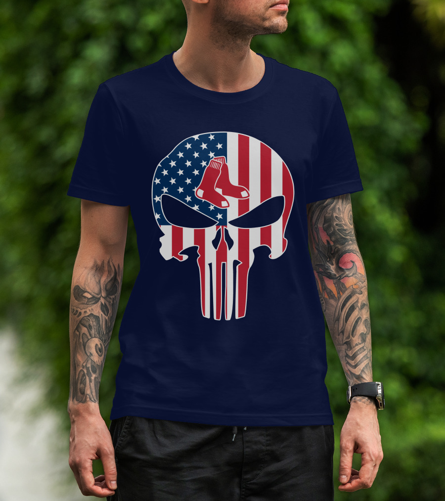 Boston Red Sox Skull American Flag Socks Crossover T-Shirt