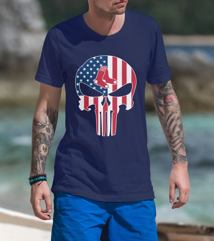 Boston Red Sox Skull American Flag Socks Crossover T-Shirt