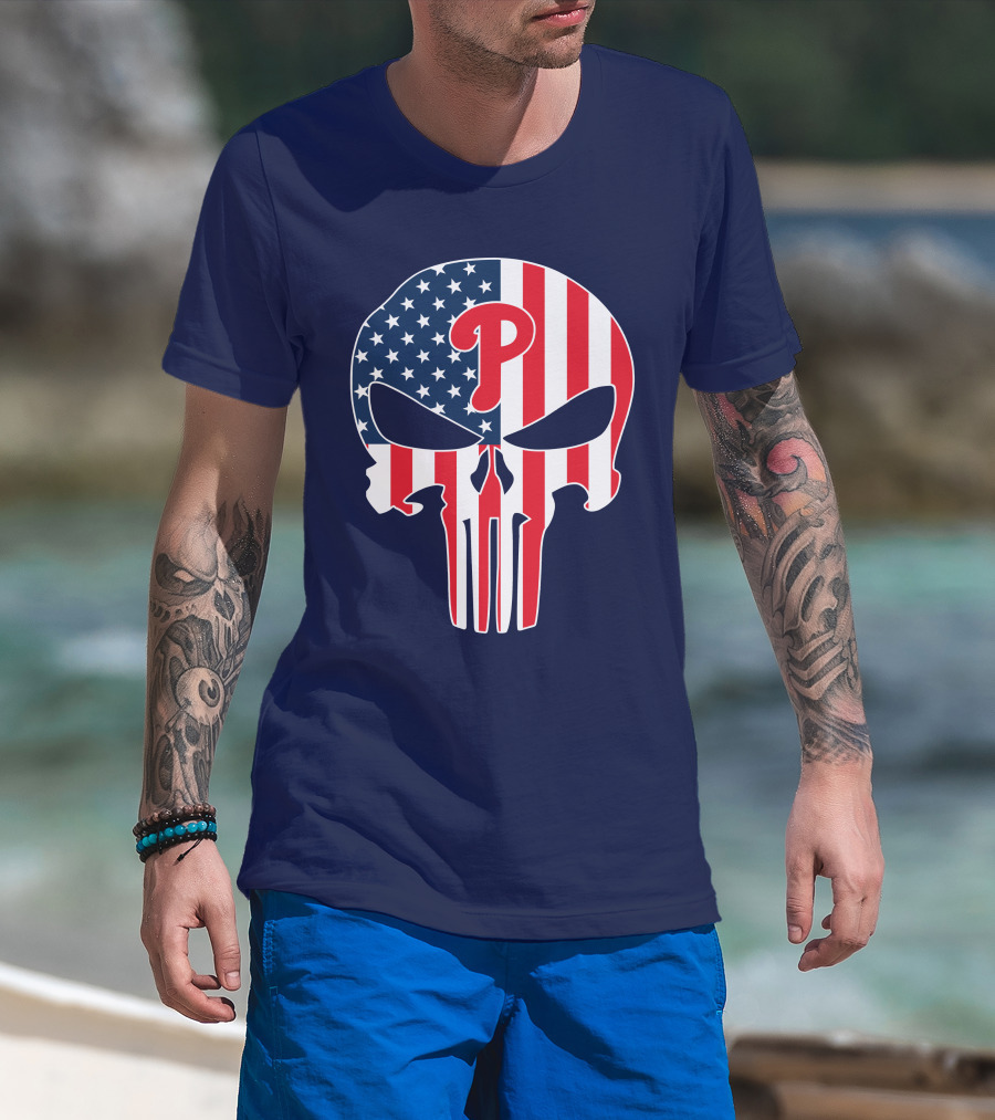 Phillies Punisher Skull American Flag T-Shirt