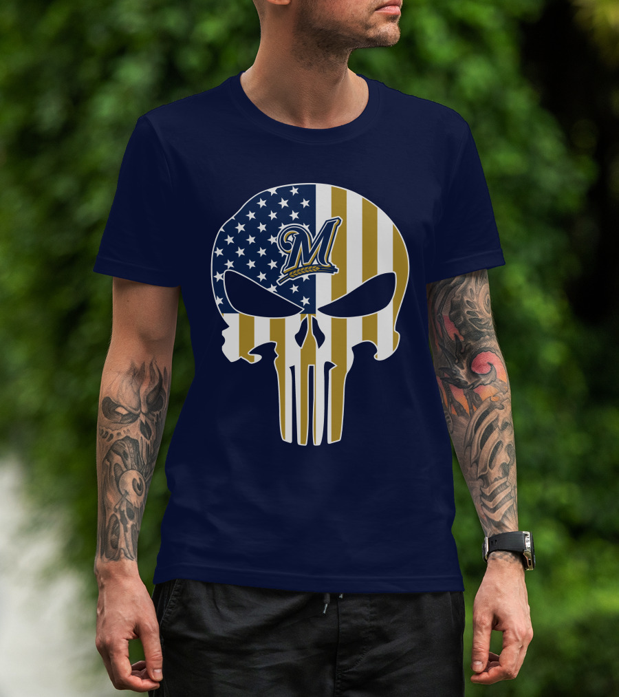 Milwaukee Brewers Punisher Skull American Flag T-Shirt