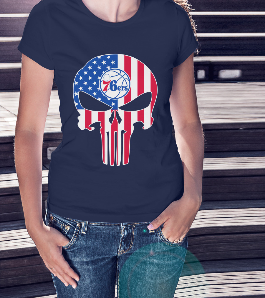 Philadelphia 76ers American Flag Punisher Style Skull T-Shirt