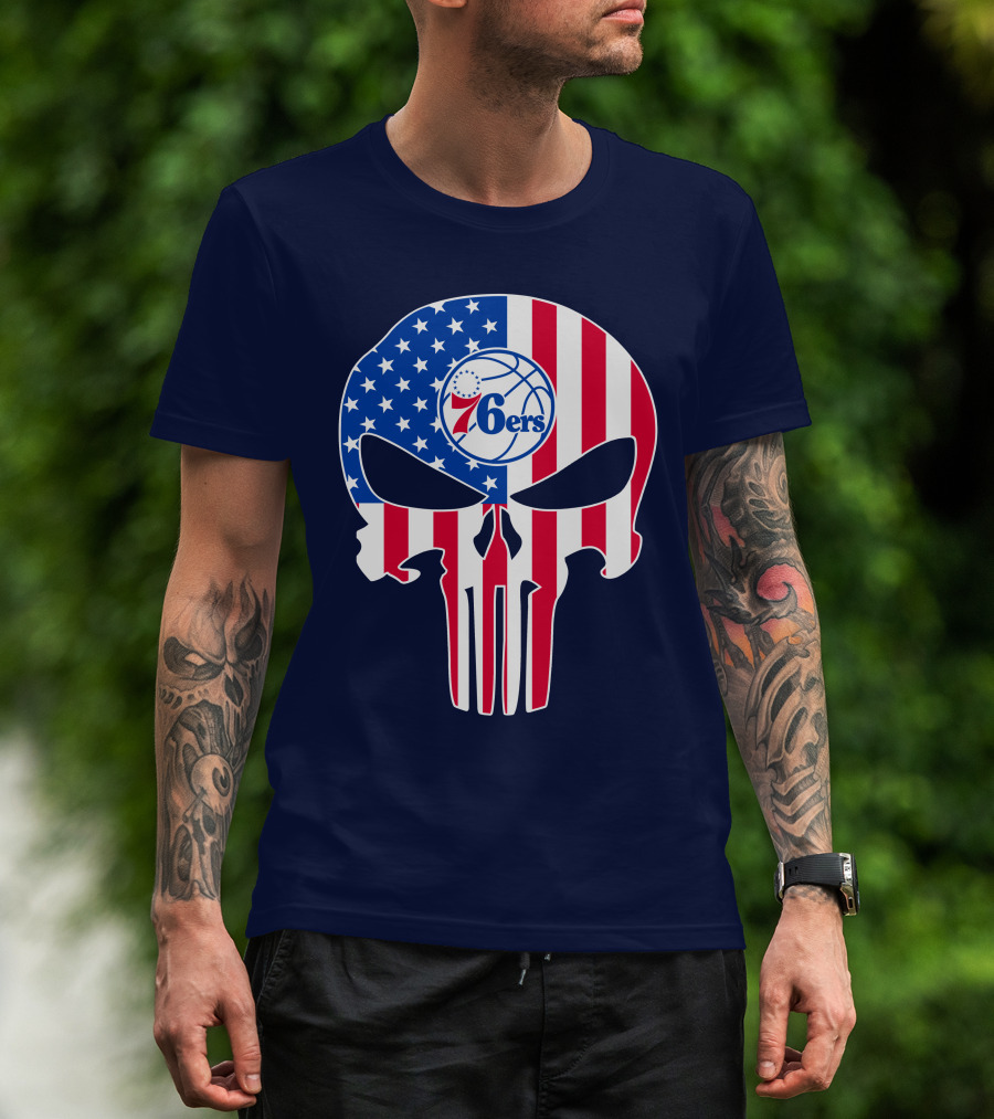 Philadelphia 76ers American Flag Punisher Style Skull T-Shirt