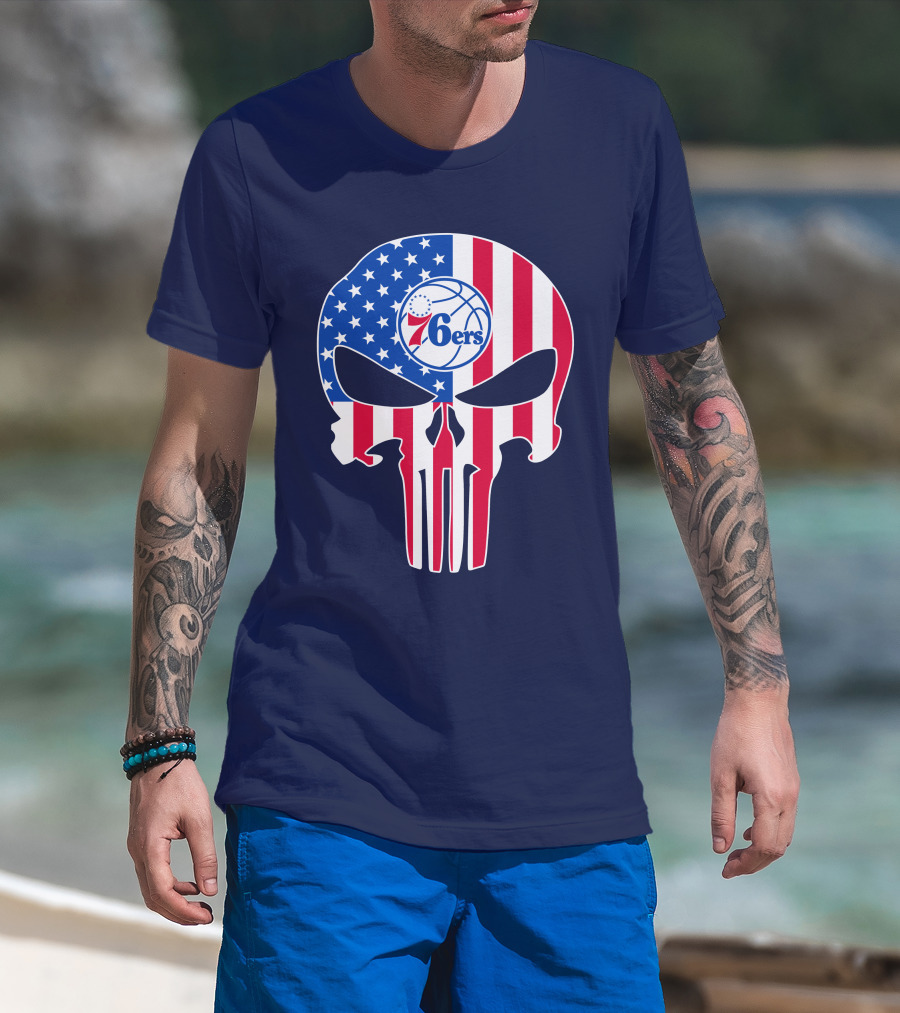 Philadelphia 76ers American Flag Punisher Style Skull T-Shirt