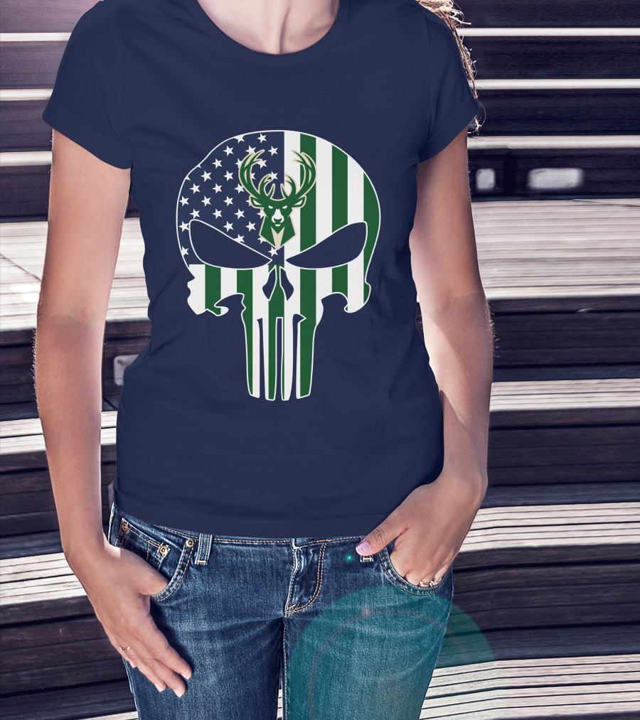Milwaukee Bucks Punisher Skull American Flag Deer T-Shirt