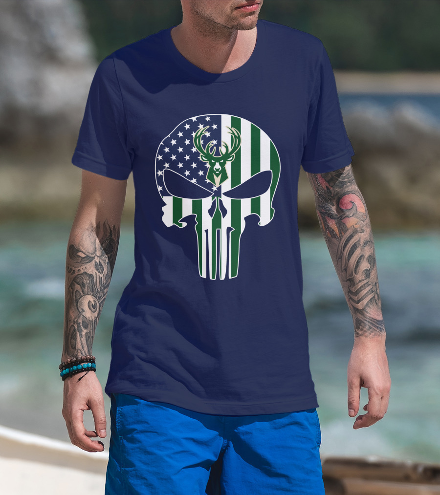 Milwaukee Bucks Punisher Skull American Flag Deer T-Shirt