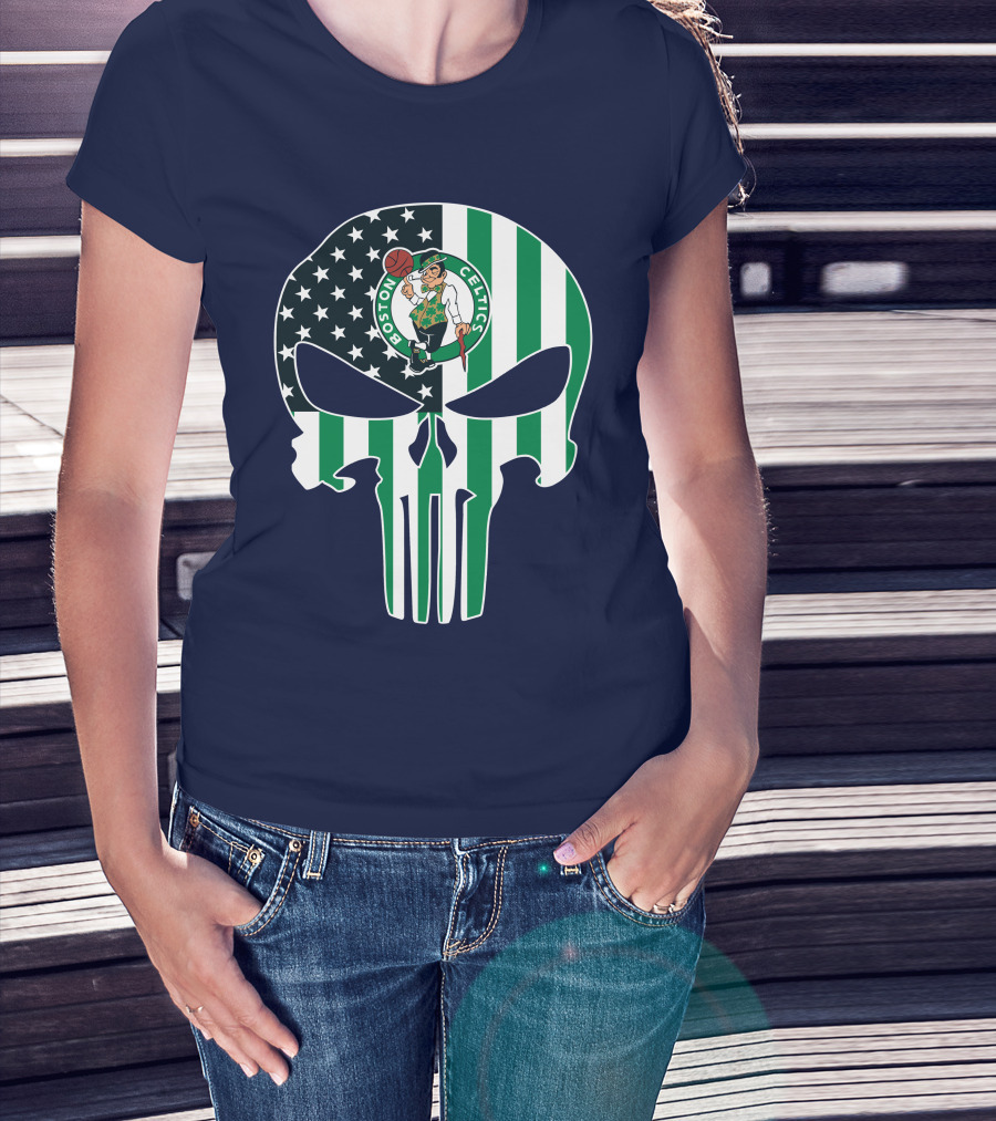 Boston Celtics Punisher Logo American Flag Skull T-Shirt