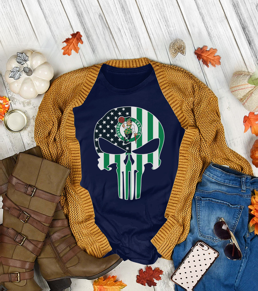 Boston Celtics Punisher Logo American Flag Skull T-Shirt