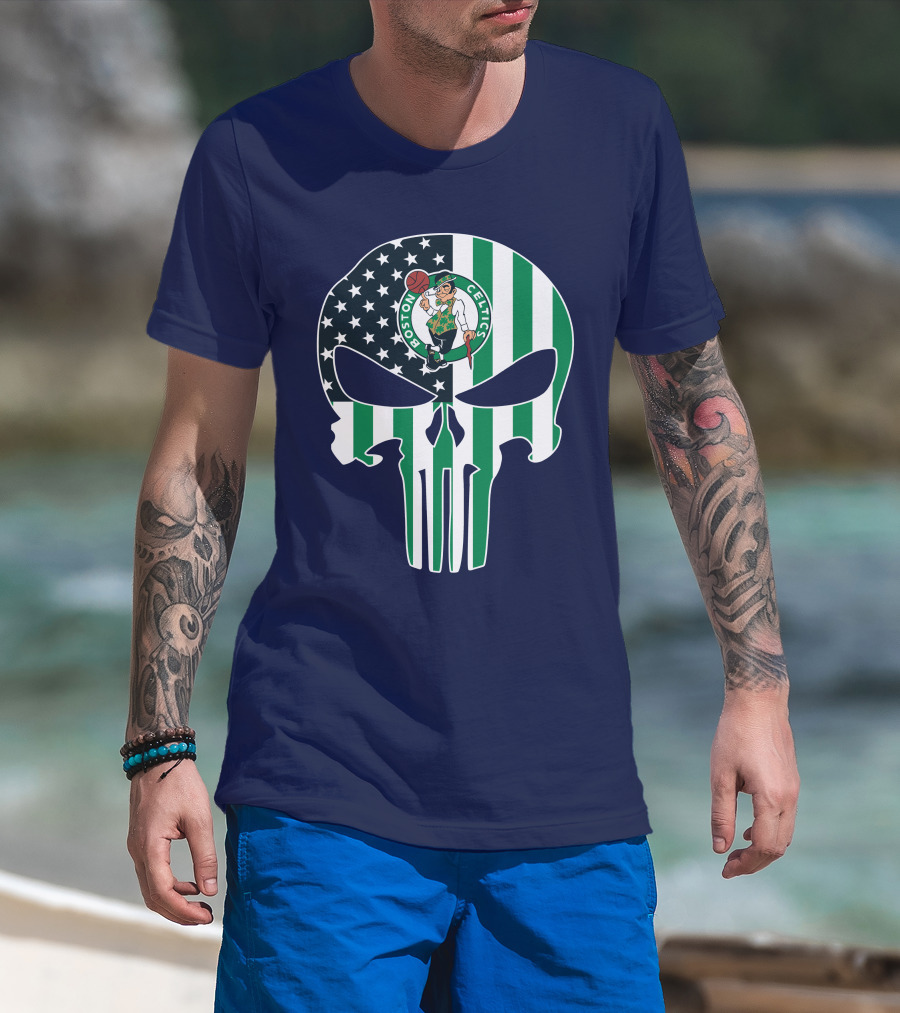 Boston Celtics Punisher Logo American Flag Skull T-Shirt