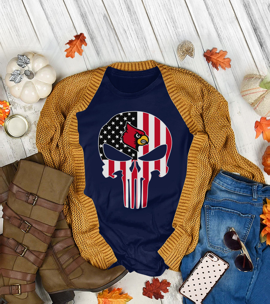 American Flag Punisher Skull Louisville Cardinals T-Shirt