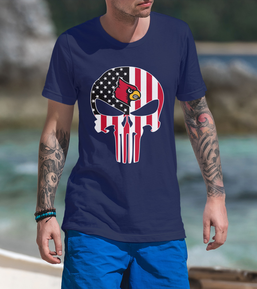 American Flag Punisher Skull Louisville Cardinals T-Shirt