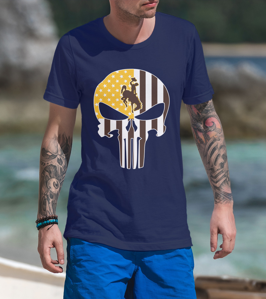 Wyoming Cowboys American Flag Punisher Skull T-Shirt
