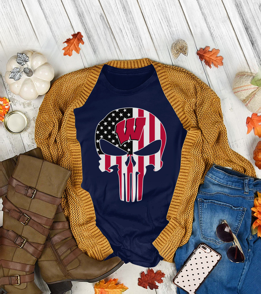 Wisconsin Badgers Punisher Skull American Flag T-Shirt