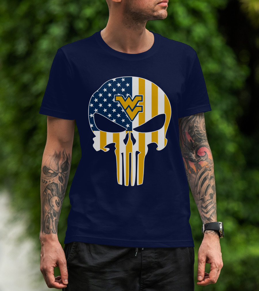 West Virginia Mountaineers The Punisher American Flag Skull T-Shirt