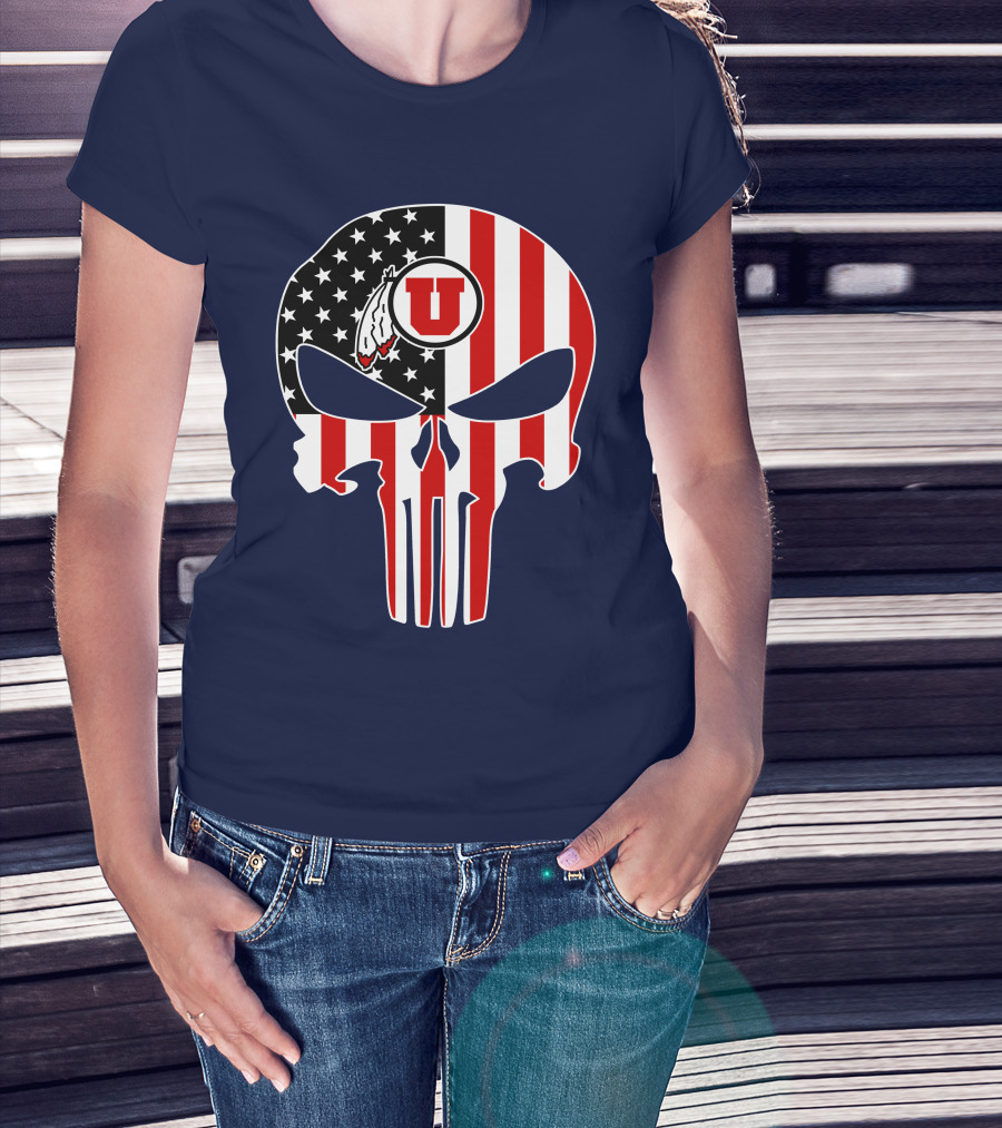 Utah Utes U Logo Punisher Skull American Flag T-Shirt