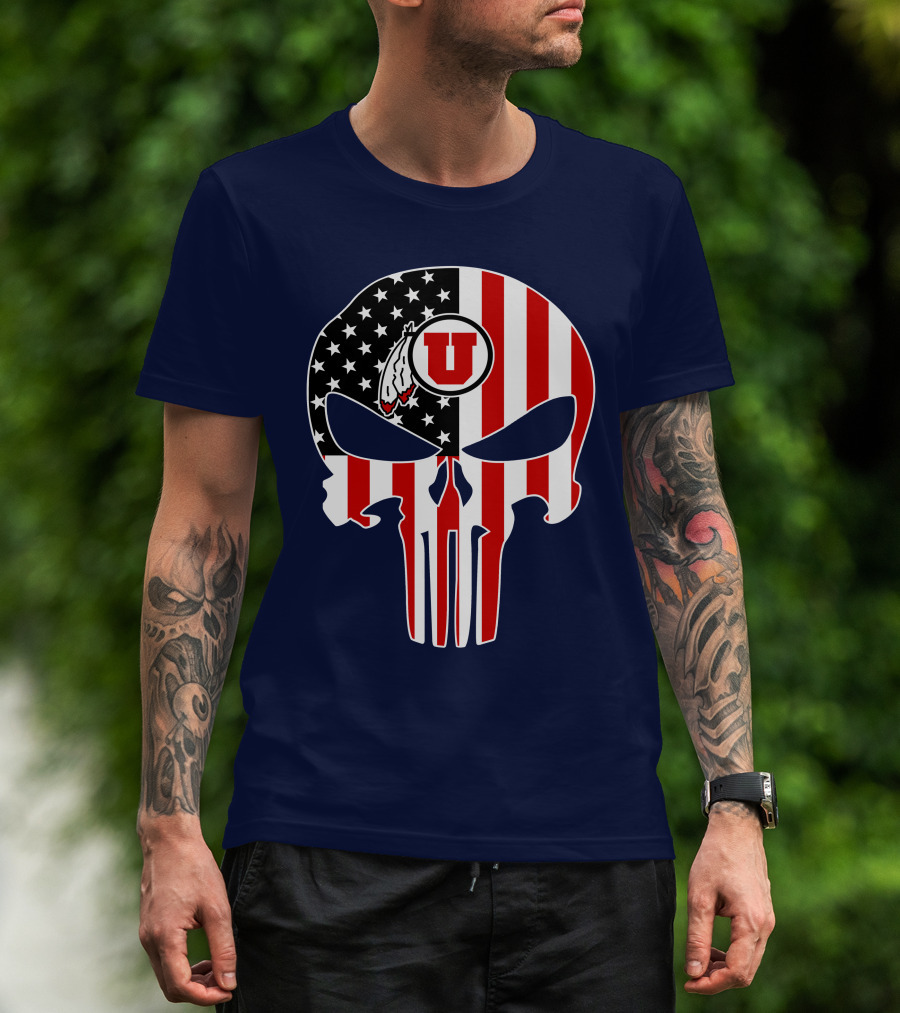 Utah Utes U Logo Punisher Skull American Flag T-Shirt