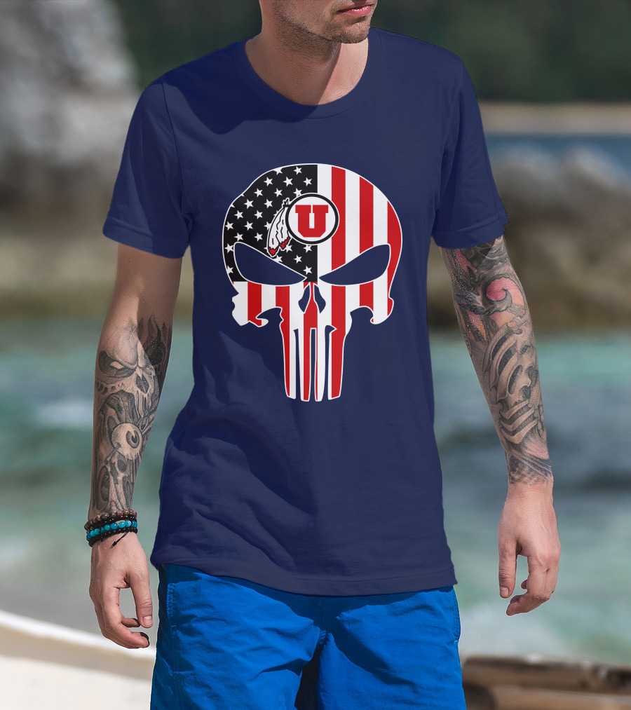 Utah Utes U Logo Punisher Skull American Flag T-Shirt