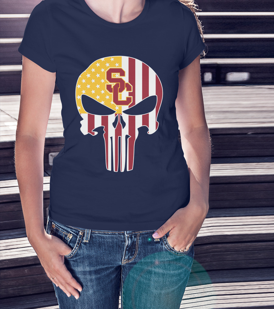 Usc Trojans Skull Punisher American Flag T-Shirt