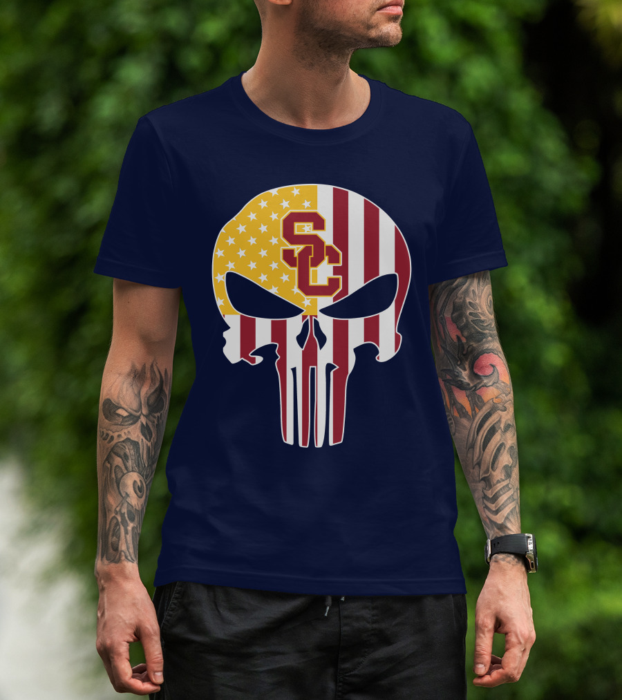 Usc Trojans Skull Punisher American Flag T-Shirt