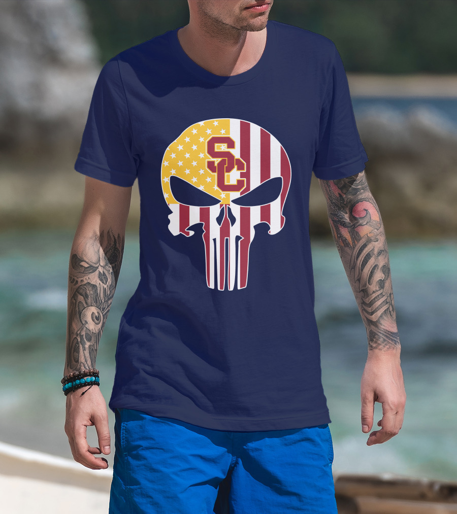 Usc Trojans Skull Punisher American Flag T-Shirt