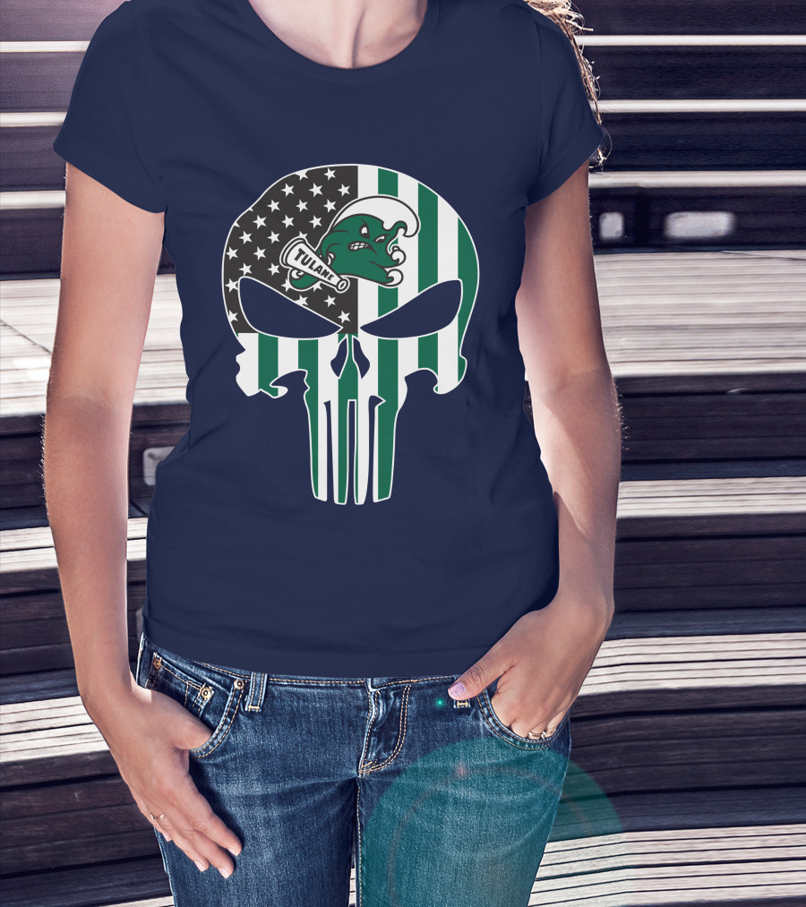 Tulane Green Wave 16 Punisher Flag Skull T-Shirt