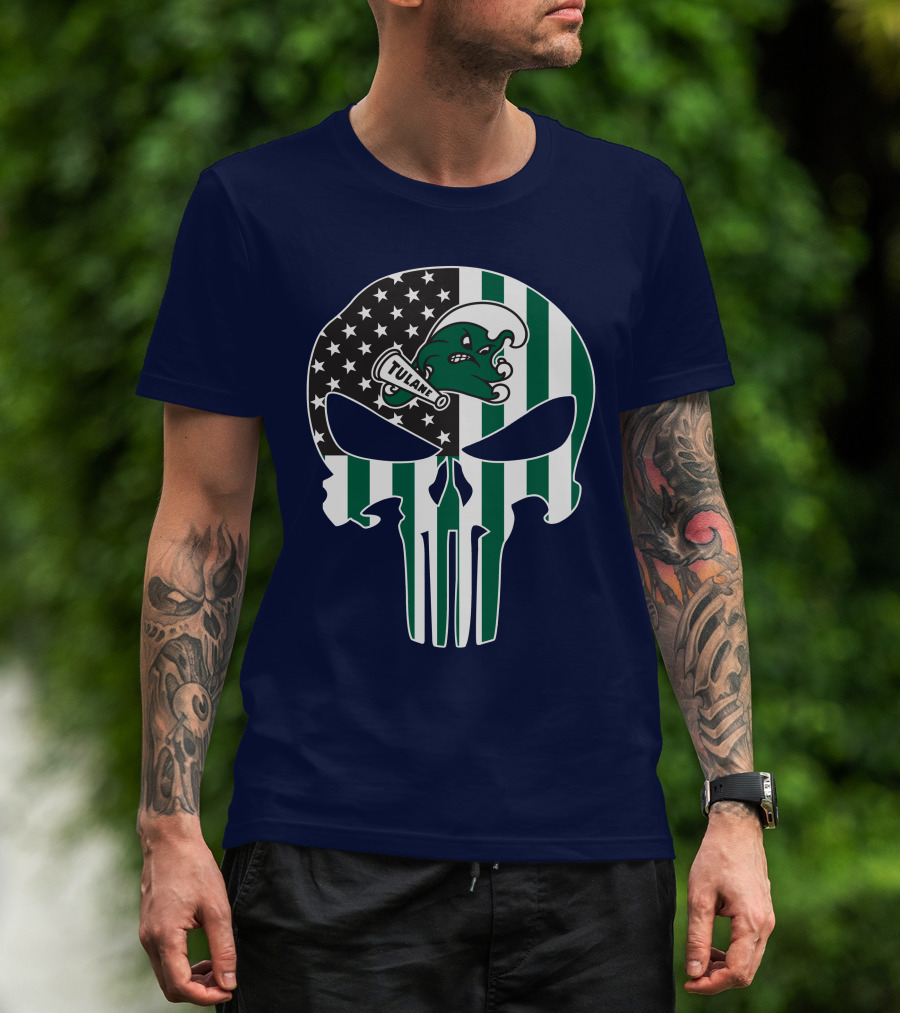 Tulane Green Wave 16 Punisher Flag Skull T-Shirt
