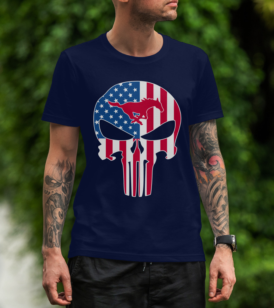 Smu Mustangs The Punisher American Flag Skull Iconic Symbol T-Shirt