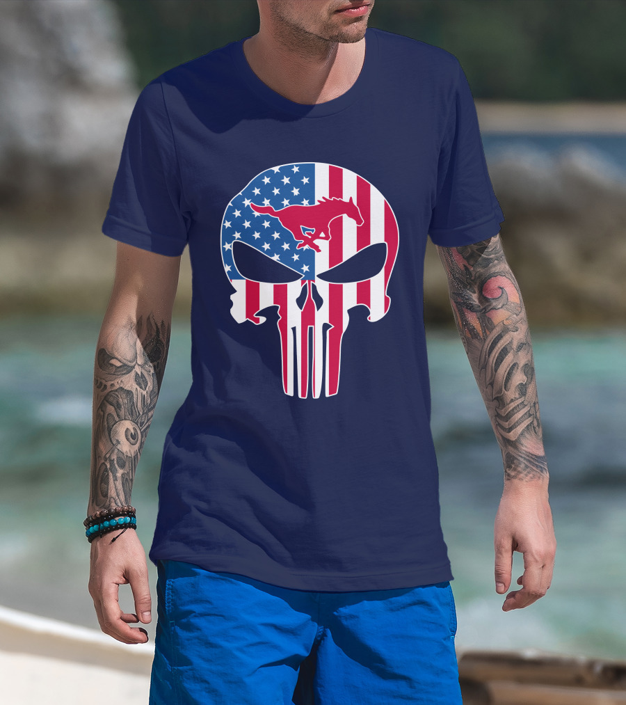 Smu Mustangs The Punisher American Flag Skull Iconic Symbol T-Shirt