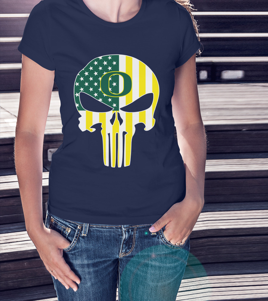 Oregon Ducks Punisher Skull American Flag T-Shirt