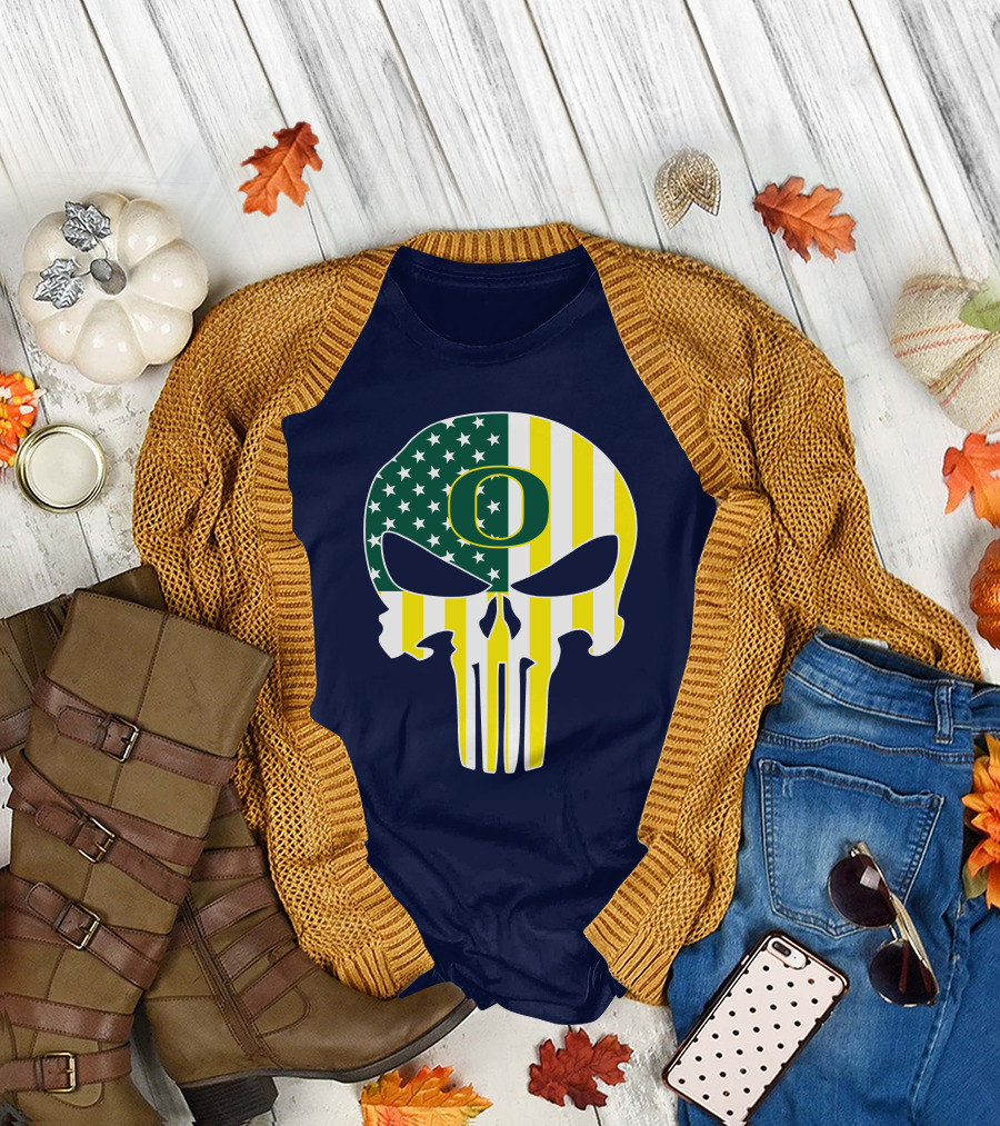 Oregon Ducks Punisher Skull American Flag T-Shirt